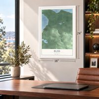 Bliss, Michigan map, 18 x 24 inch print in a white frame in a home office