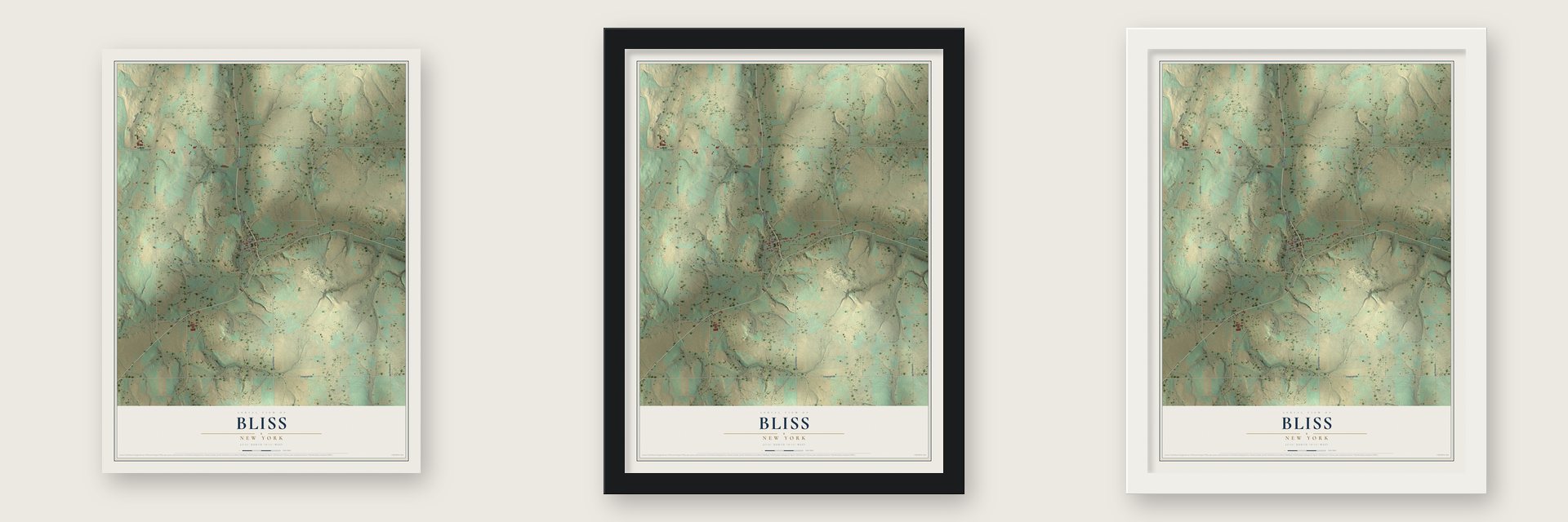 Bliss, New York map unframed, in a black wood frame and in a white wood frame