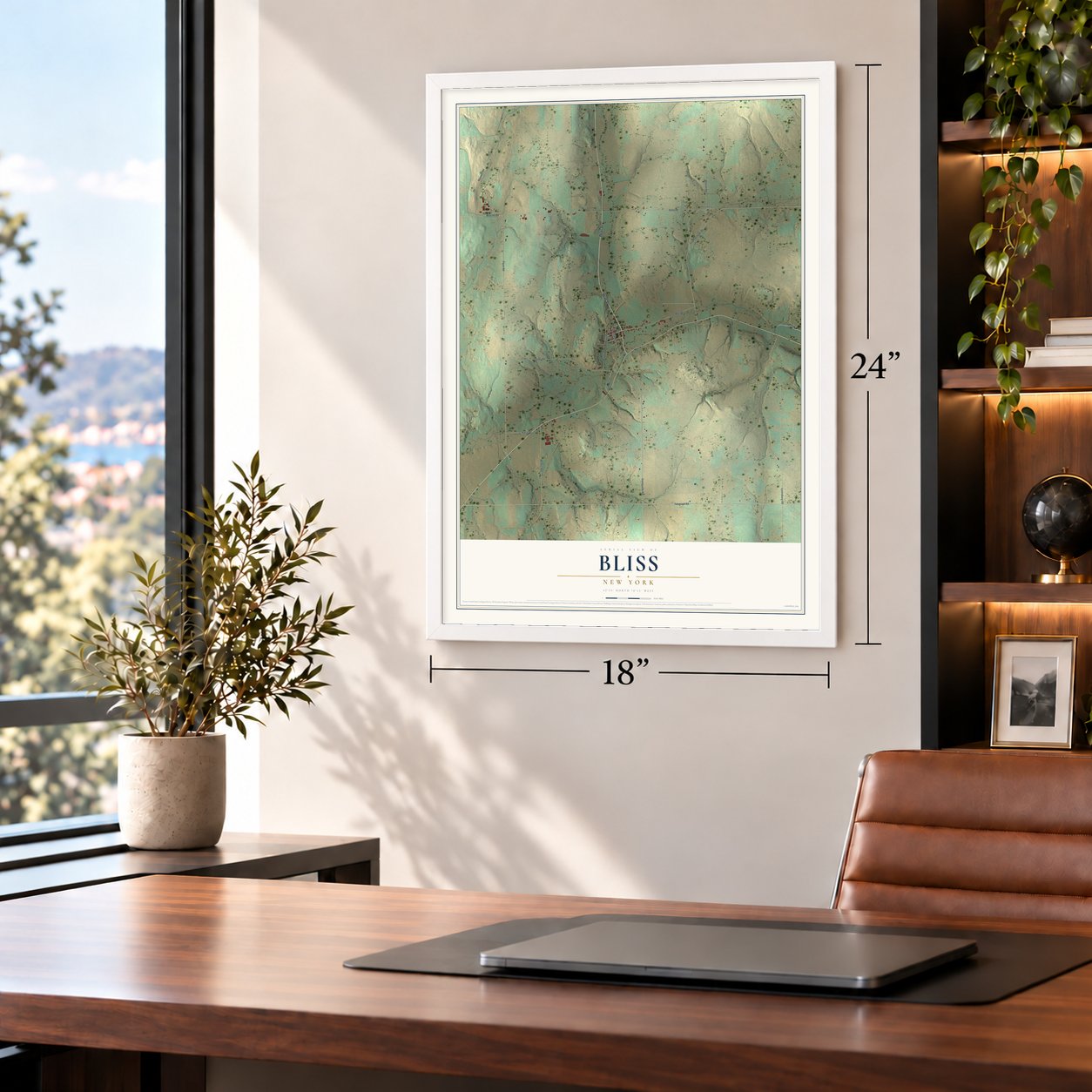 Bliss, New York map, 18 x 24 inch print in a white frame in a home office