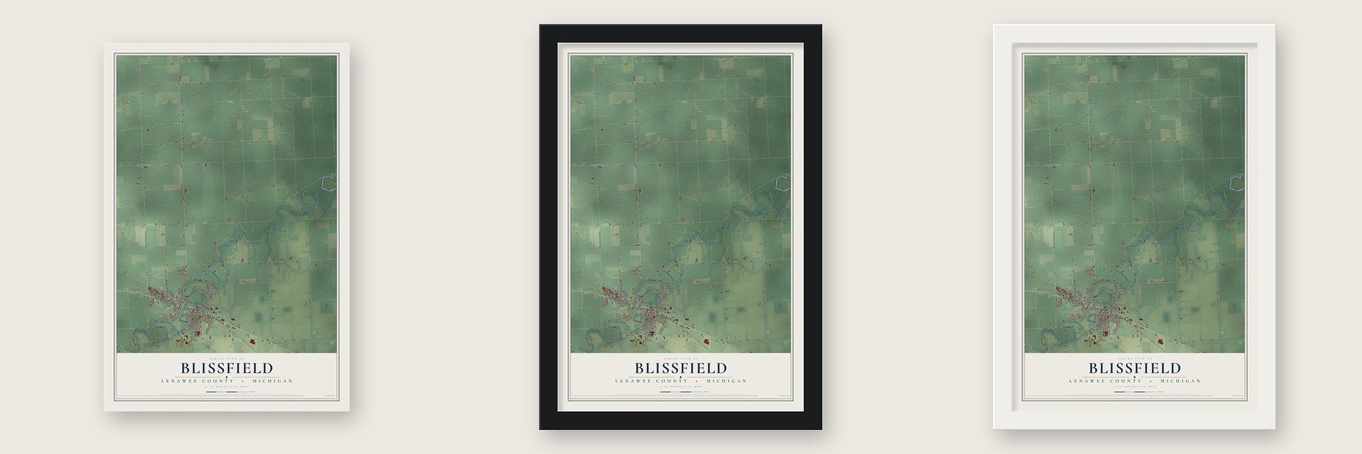 Blissfield, Lenawee County, Michigan map unframed, in a black wood frame and in a white wood frame