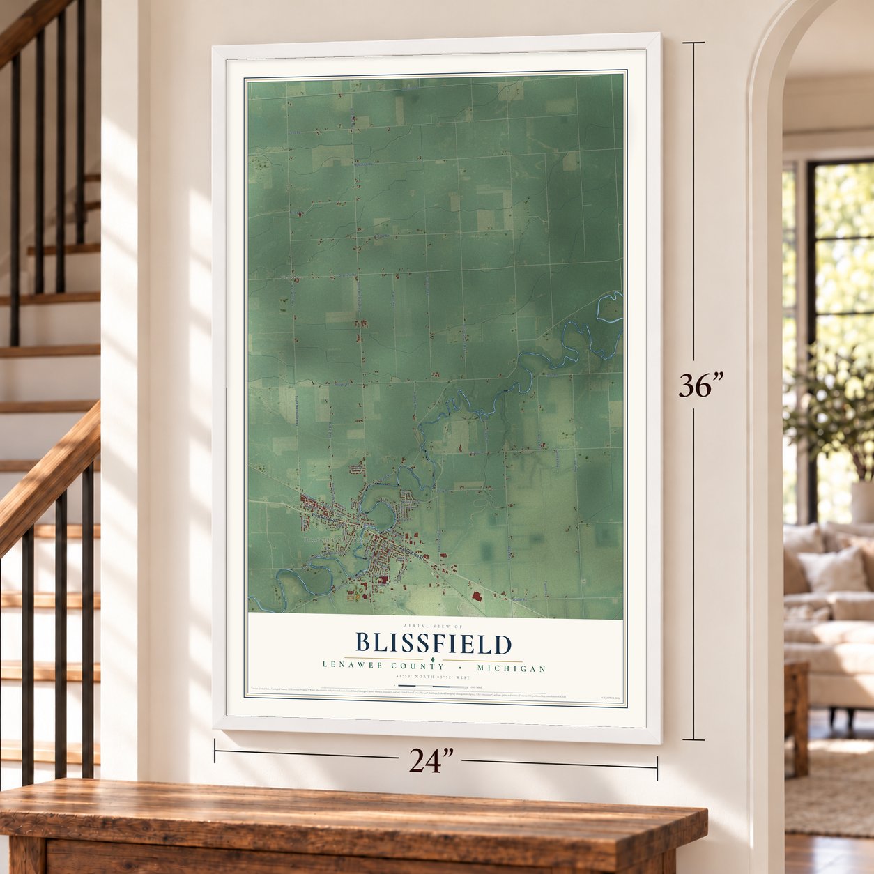 Blissfield, Lenawee County, Michigan map, 24 x 36 inch print in a white frame by a staircase