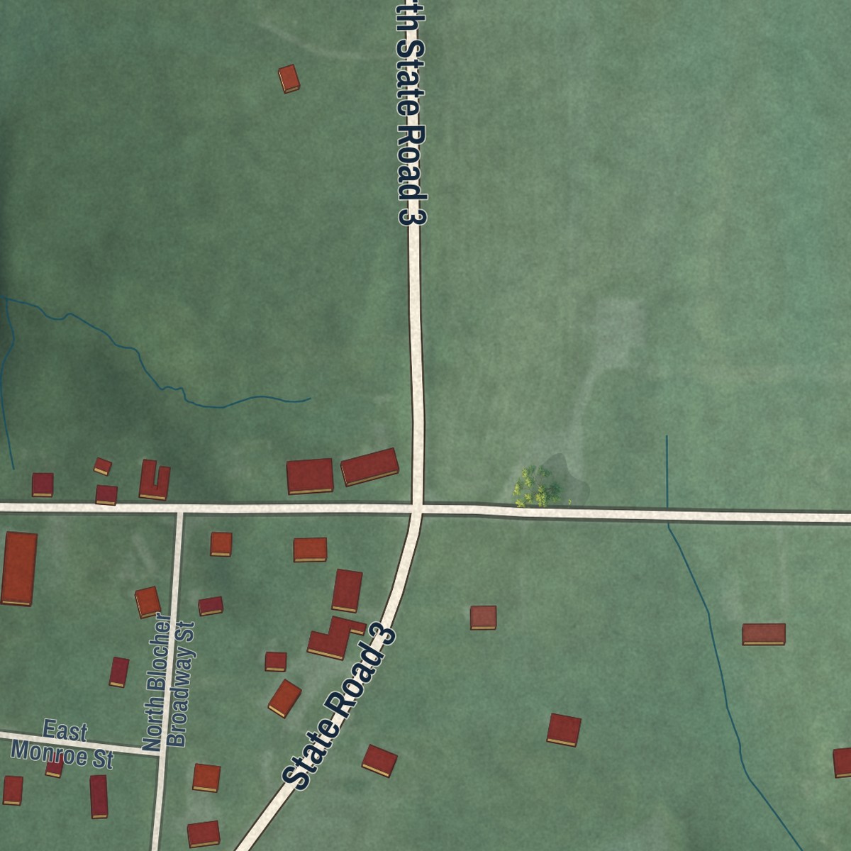 Second close-up of the map of Blocher, Indiana print showing more streets and buildings
