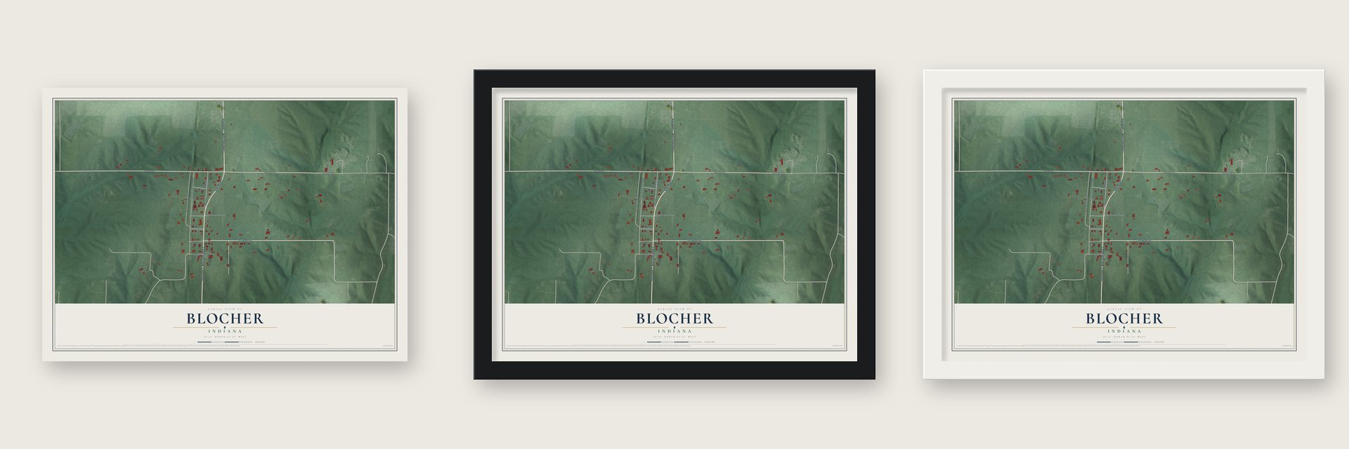 Blocher, Indiana map unframed, in a black wood frame and in a white wood frame
