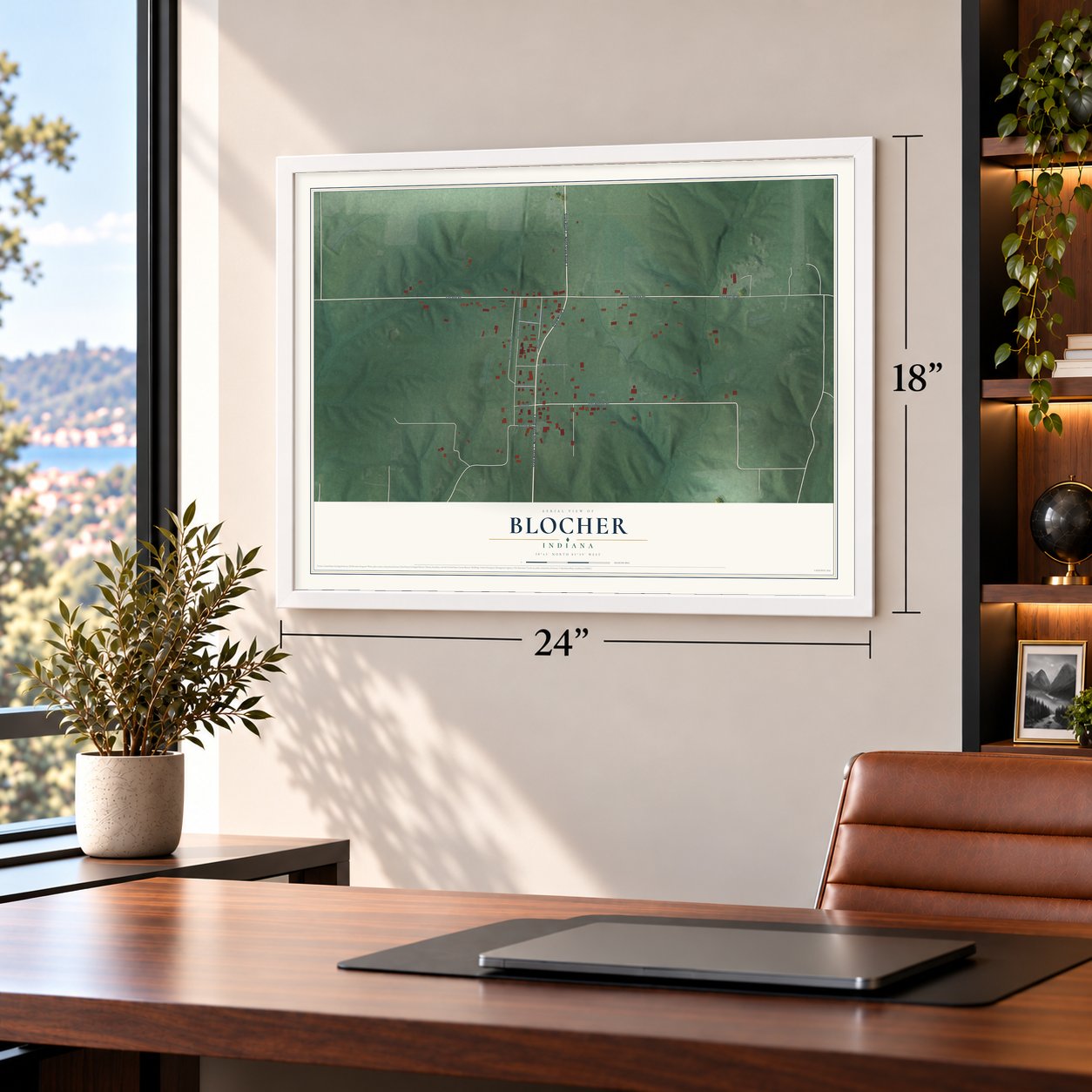 Blocher, Indiana map, 18 x 24 inch print in a white frame in a home office