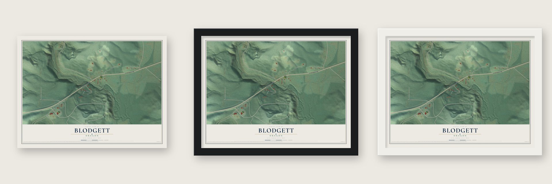 Blodgett, Oregon map unframed, in a black wood frame and in a white wood frame