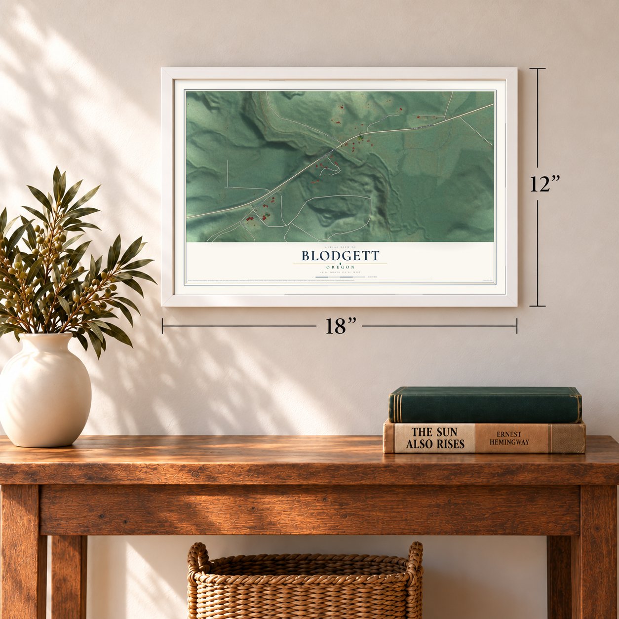 Blodgett, Oregon map, 12 x 18 inch print in a white frame in an entryway