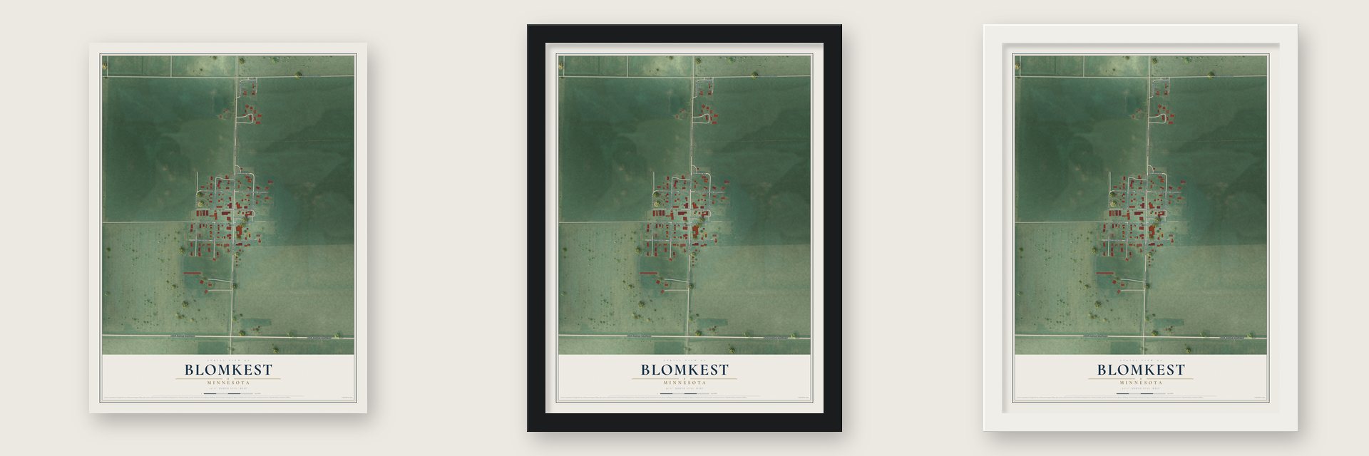 Blomkest, Minnesota map unframed, in a black wood frame and in a white wood frame