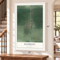 Blomkest, Minnesota map, 24 x 36 inch print in a white frame by a staircase