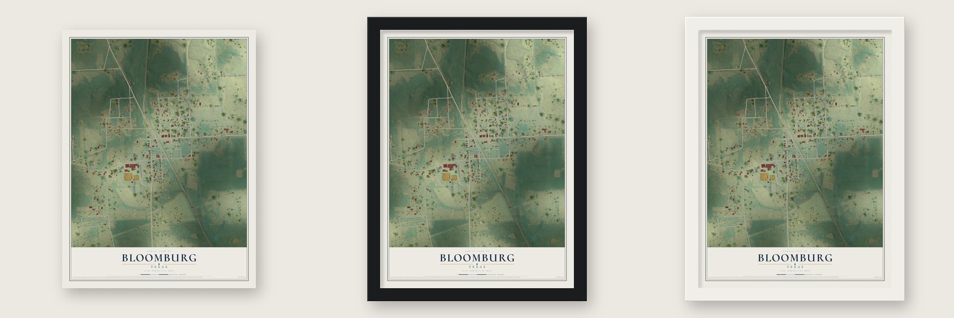 Bloomburg, Texas map unframed, in a black wood frame and in a white wood frame