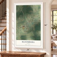Bloomburg, Texas map, 24 x 36 inch print in a white frame by a staircase