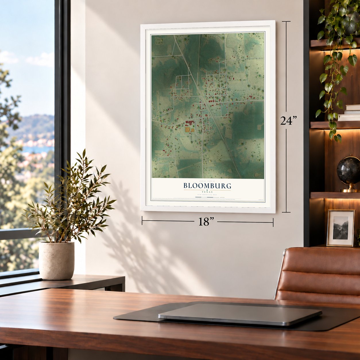 Bloomburg, Texas map, 18 x 24 inch print in a white frame in a home office