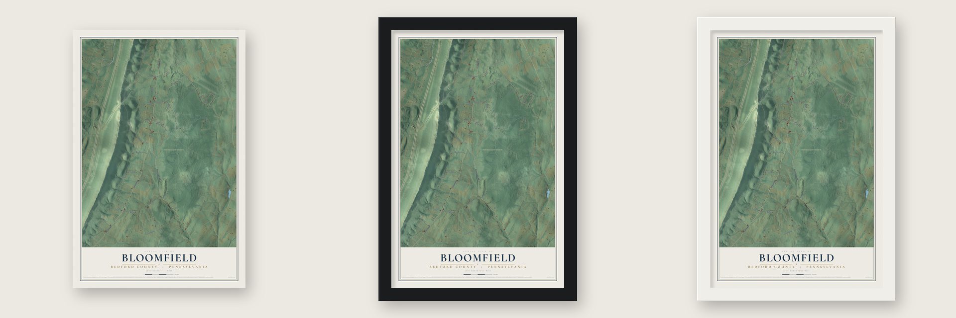 Bloomfield, Bedford County, Pennsylvania map unframed, in a black wood frame and in a white wood frame