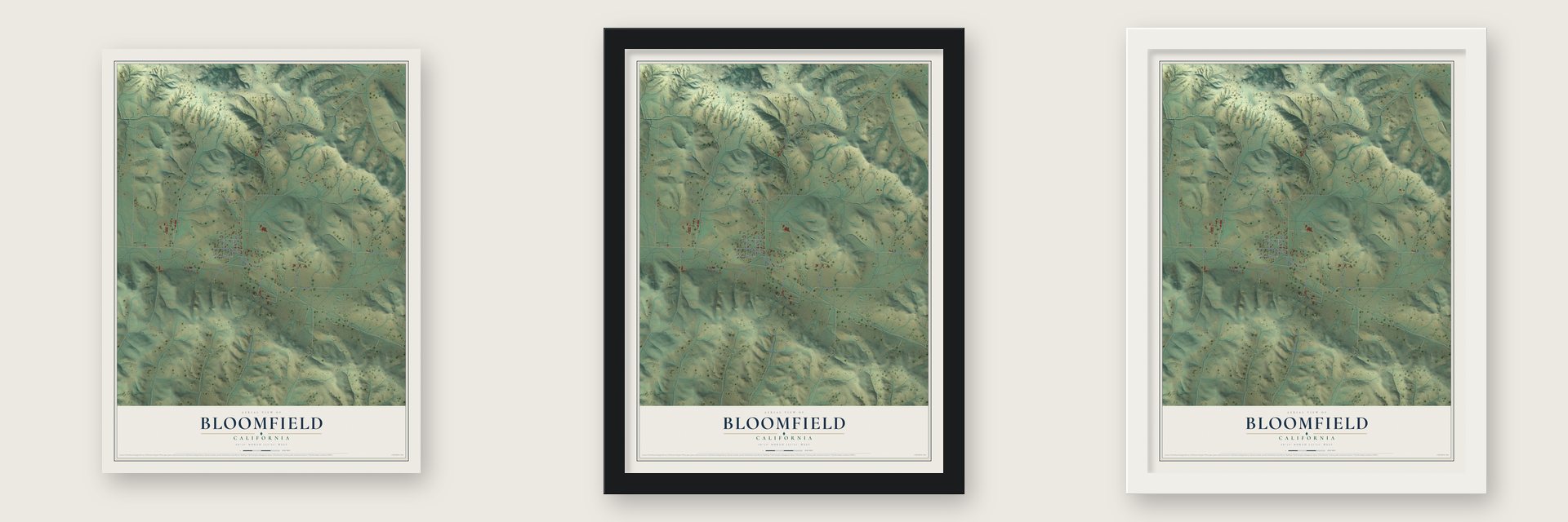 Bloomfield, California map unframed, in a black wood frame and in a white wood frame