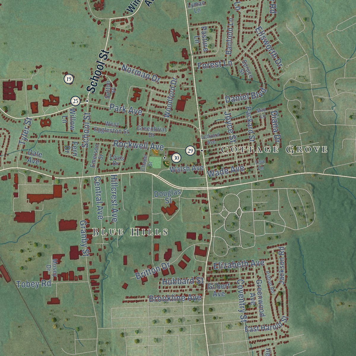 Second close-up of the map of Bloomfield, Connecticut print showing more streets and buildings