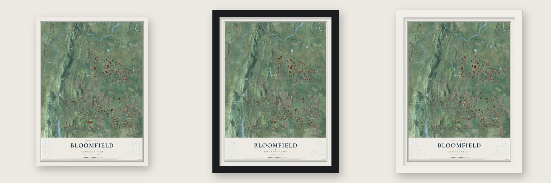 Bloomfield, Connecticut map unframed, in a black wood frame and in a white wood frame