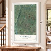 Bloomfield, Connecticut map, 24 x 36 inch print in a white frame by a staircase
