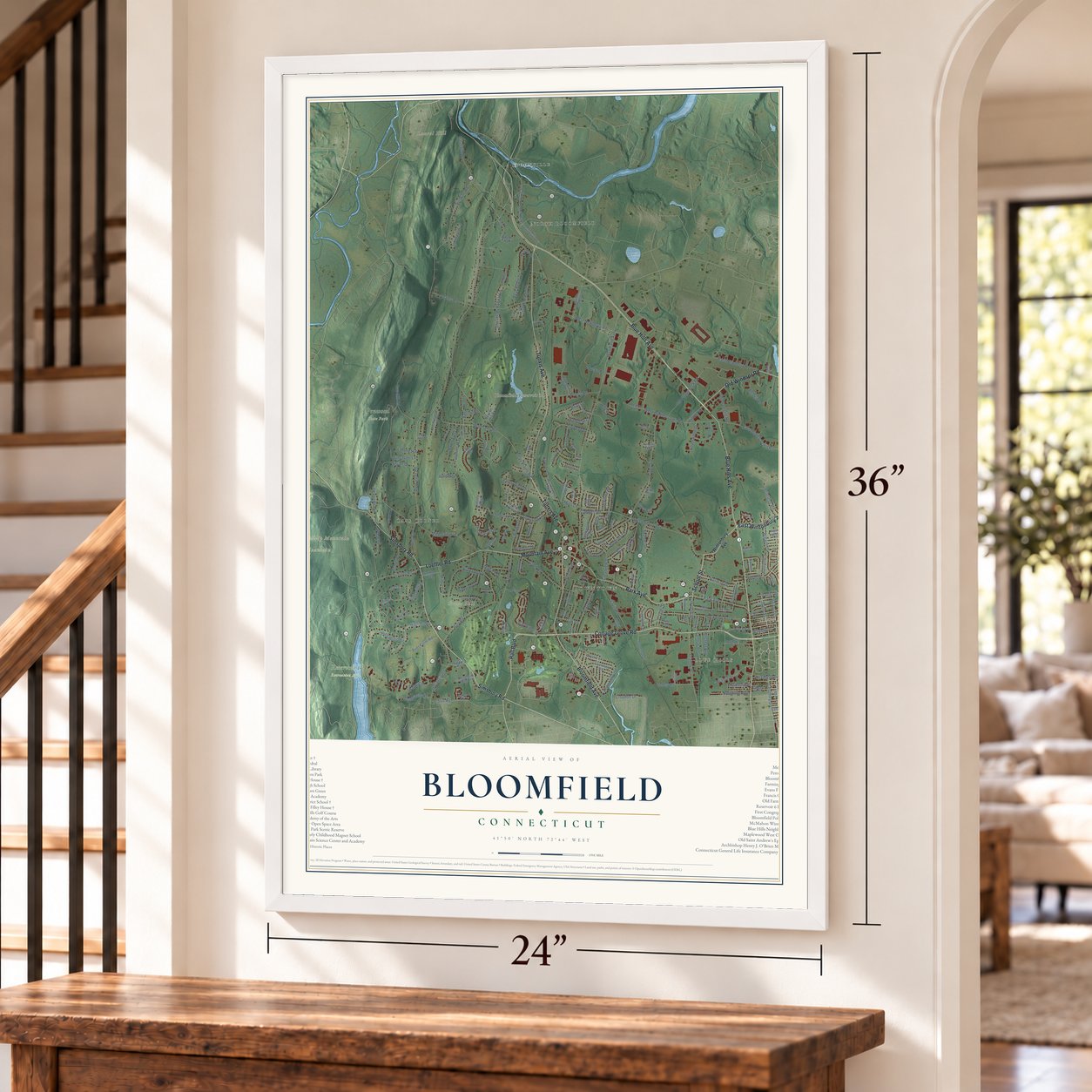 Bloomfield, Connecticut map, 24 x 36 inch print in a white frame by a staircase