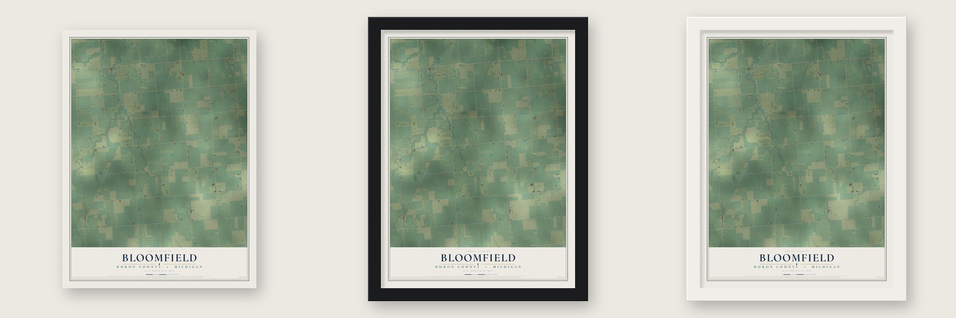Bloomfield, Huron County, Michigan map unframed, in a black wood frame and in a white wood frame