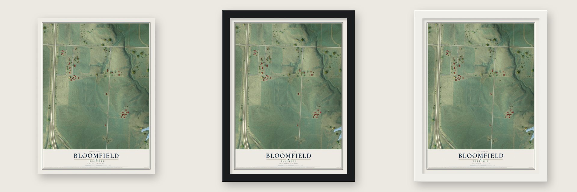 Bloomfield, Illinois map unframed, in a black wood frame and in a white wood frame