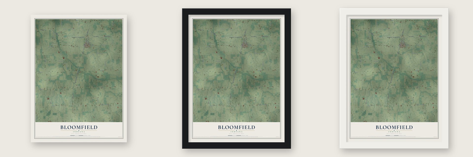 Bloomfield, Jay County, Indiana map unframed, in a black wood frame and in a white wood frame