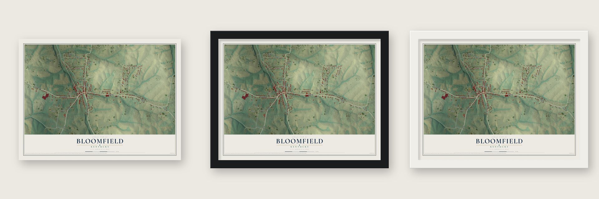 Bloomfield, Kentucky map unframed, in a black wood frame and in a white wood frame