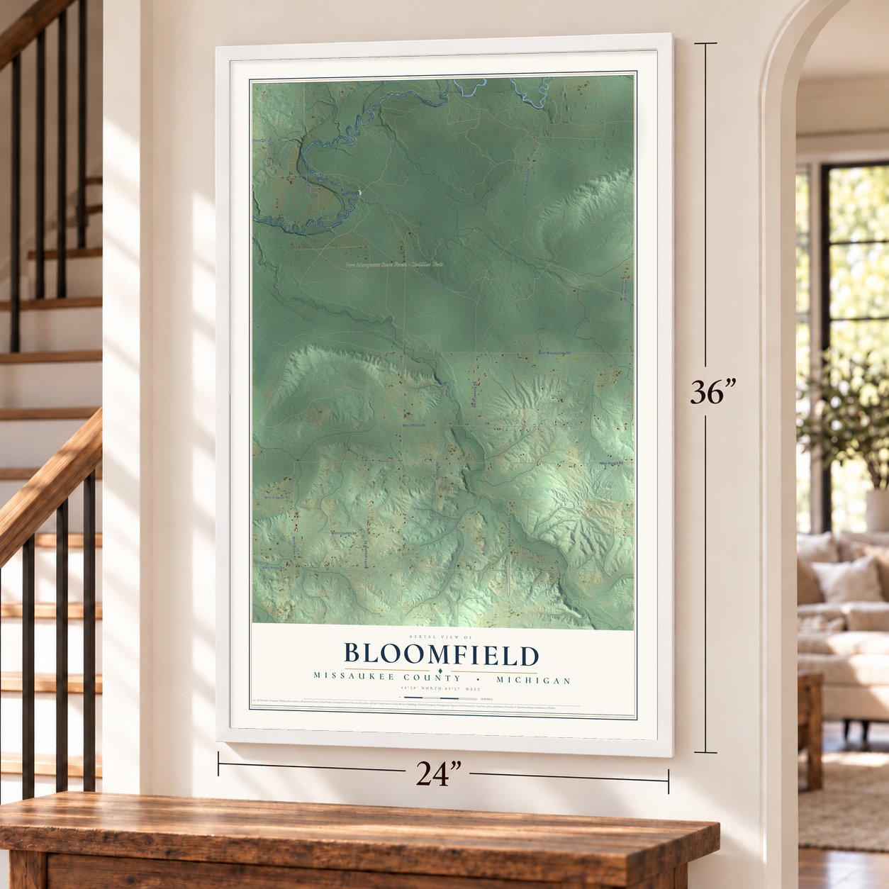 Bloomfield, Missaukee County, Michigan map, 24 x 36 inch print in a white frame by a staircase