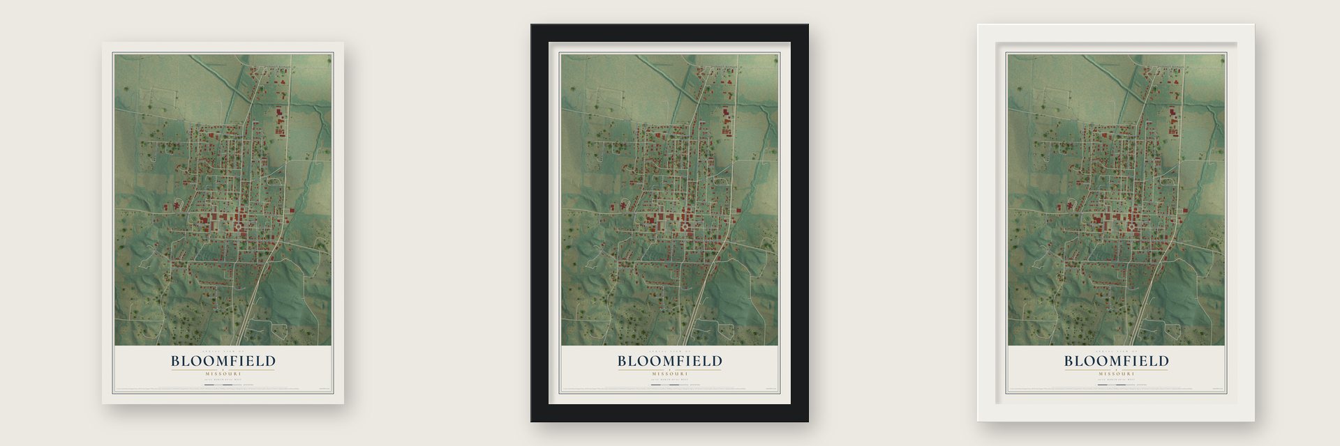 Bloomfield, Missouri map unframed, in a black wood frame and in a white wood frame