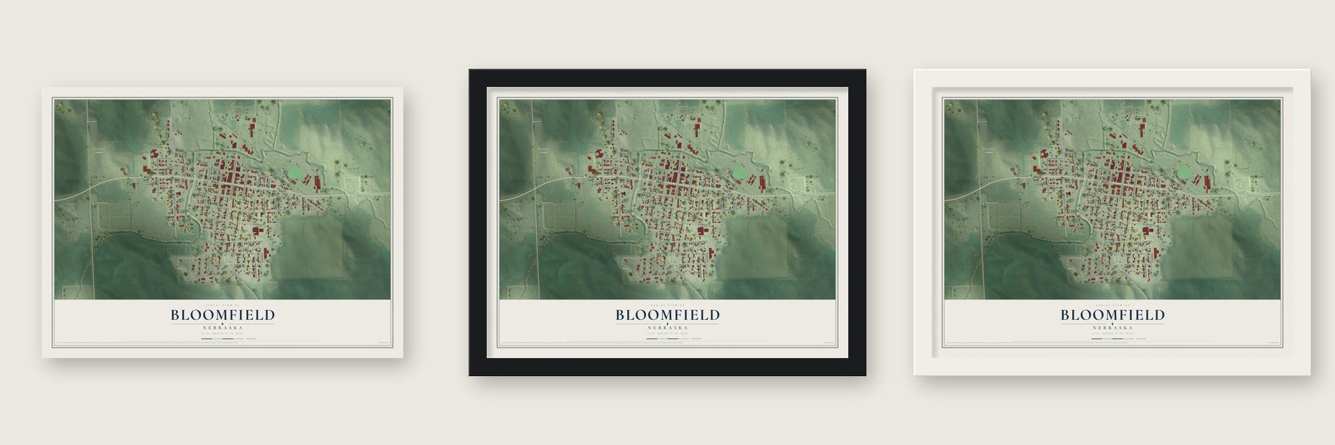 Bloomfield, Nebraska map unframed, in a black wood frame and in a white wood frame