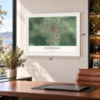 Bloomfield, Nebraska map, 18 x 24 inch print in a white frame in a home office