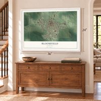 Bloomfield, Nebraska map, 24 x 36 inch print in a white frame above a dresser by a staircase