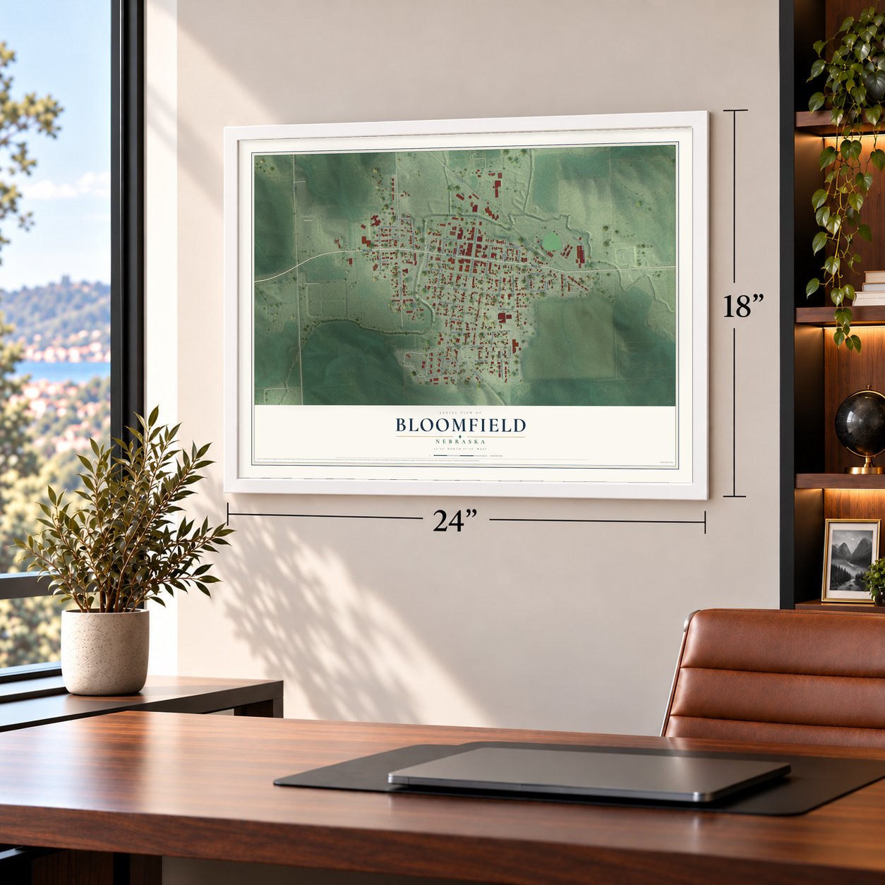 Bloomfield, Nebraska map, 18 x 24 inch print in a white frame in a home office