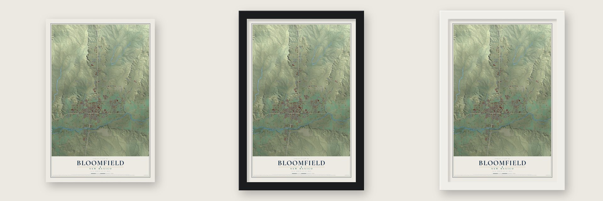 Bloomfield, New Mexico map unframed, in a black wood frame and in a white wood frame