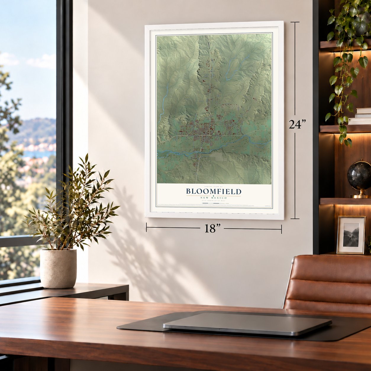 Bloomfield, New Mexico map, 18 x 24 inch print in a white frame in a home office