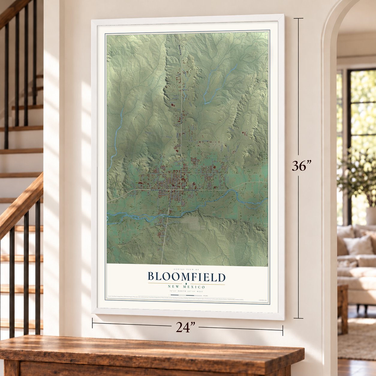 Bloomfield, New Mexico map, 24 x 36 inch print in a white frame by a staircase