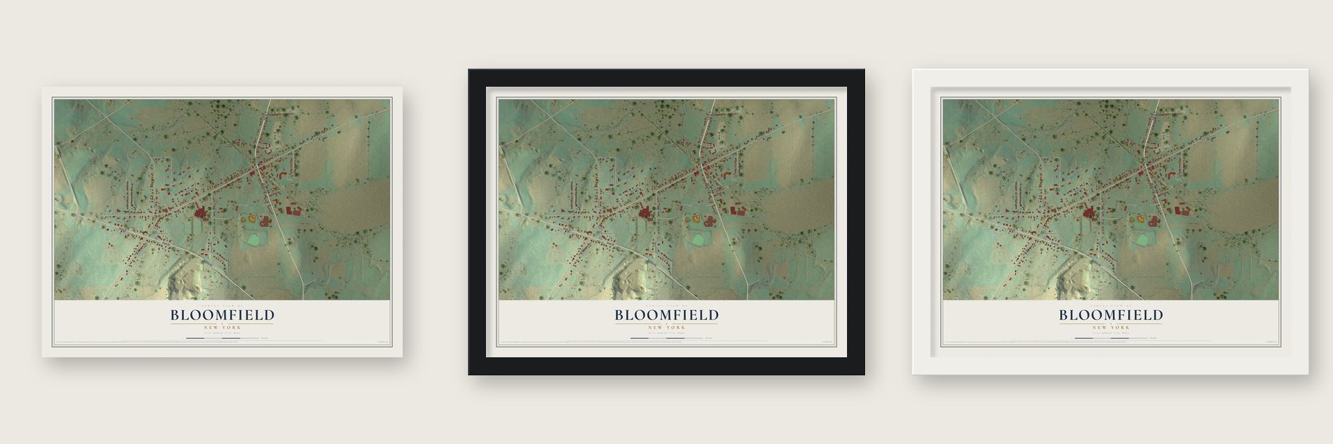Bloomfield, New York map unframed, in a black wood frame and in a white wood frame
