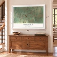 Bloomfield, New York map, 24 x 36 inch print in a white frame above a dresser by a staircase