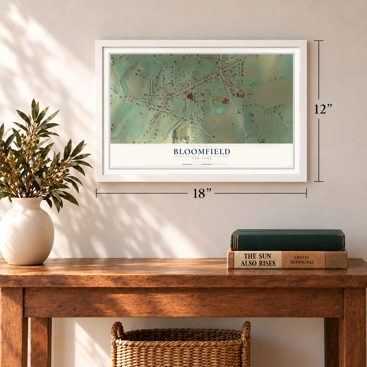 Bloomfield, New York map, 12 x 18 inch print in a white frame in an entryway
