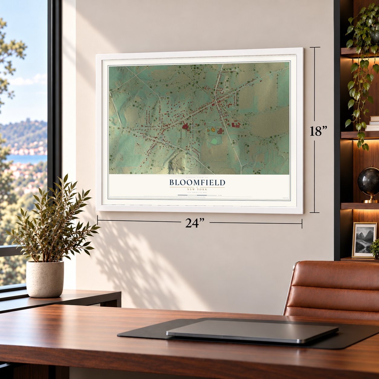 Bloomfield, New York map, 18 x 24 inch print in a white frame in a home office