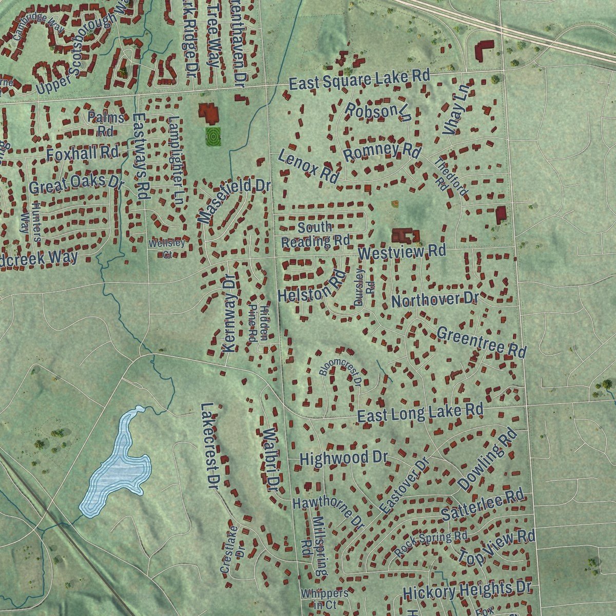 Second close-up of the map of Bloomfield, Oakland County, Michigan print showing more streets and buildings