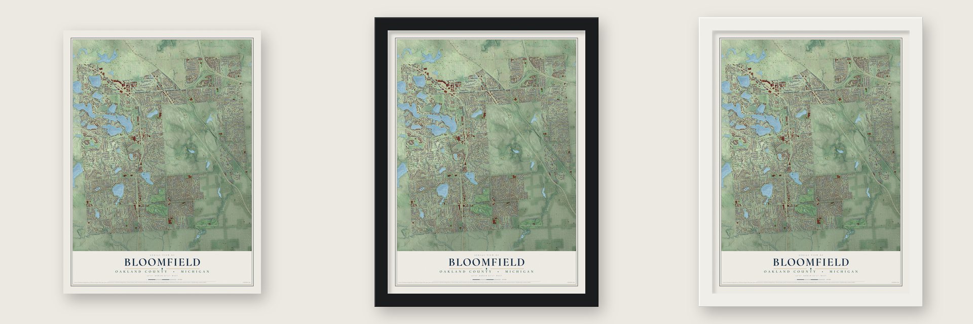 Bloomfield, Oakland County, Michigan map unframed, in a black wood frame and in a white wood frame