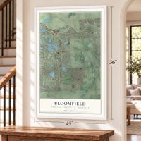 Bloomfield, Oakland County, Michigan map, 24 x 36 inch print in a white frame by a staircase
