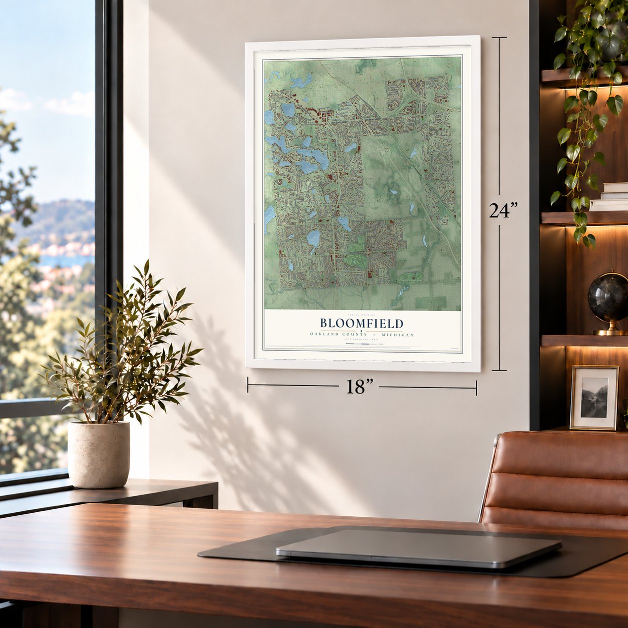 Bloomfield, Oakland County, Michigan map, 18 x 24 inch print in a white frame in a home office