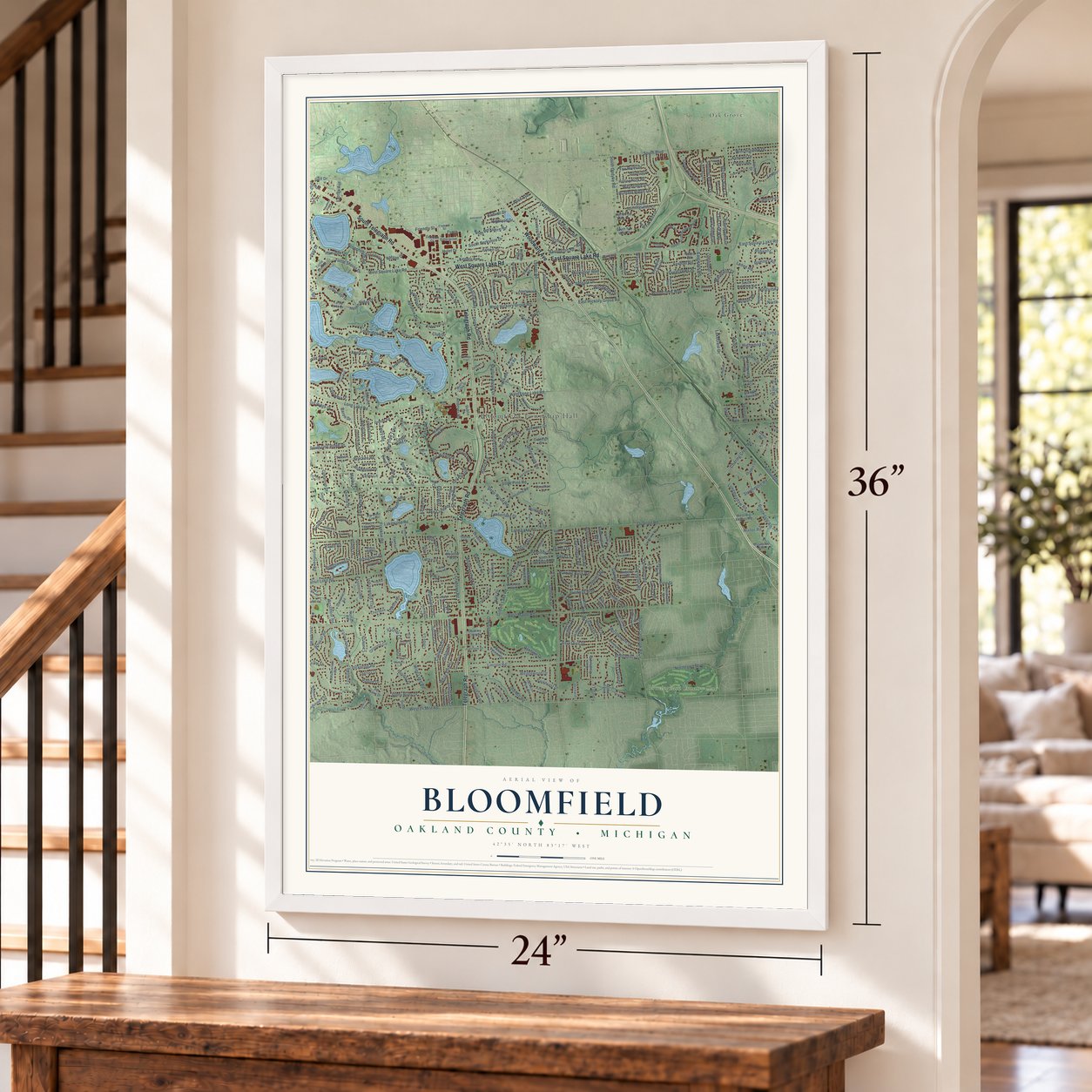 Bloomfield, Oakland County, Michigan map, 24 x 36 inch print in a white frame by a staircase