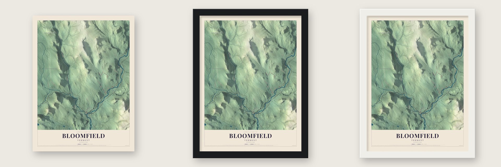 Bloomfield, Vermont map unframed, in a black wood frame and in a white wood frame