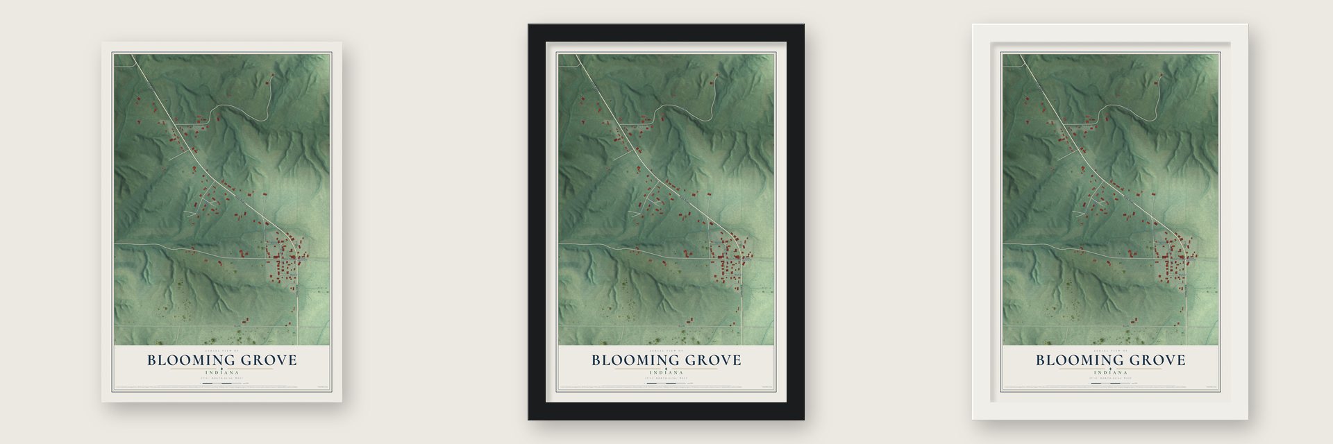 Blooming Grove, Indiana map unframed, in a black wood frame and in a white wood frame