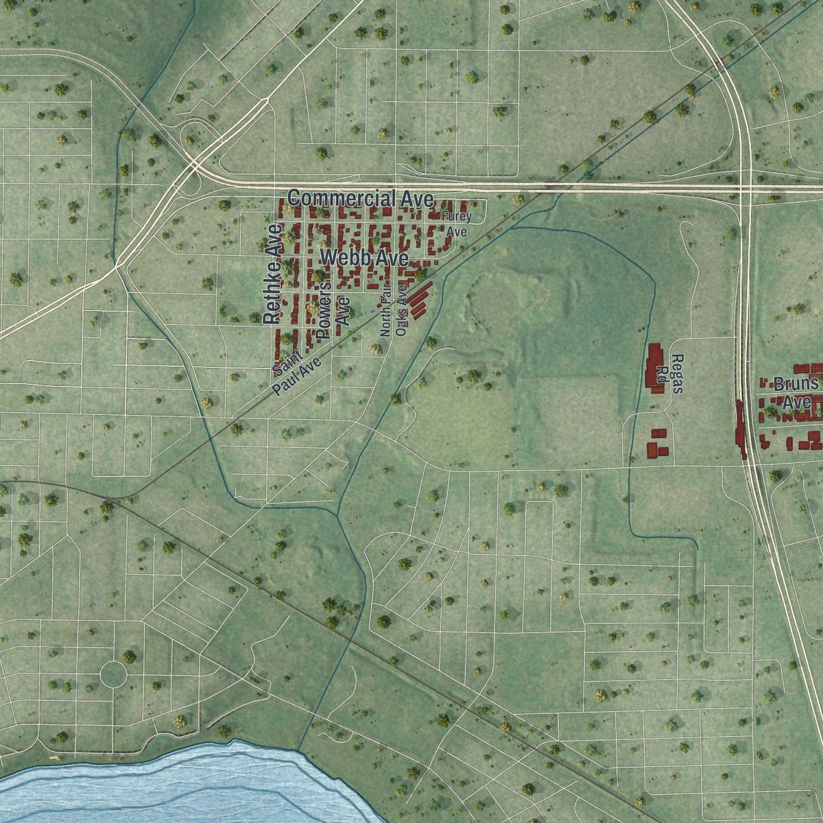 Second close-up of the map of Blooming Grove, Wisconsin print showing more streets and buildings