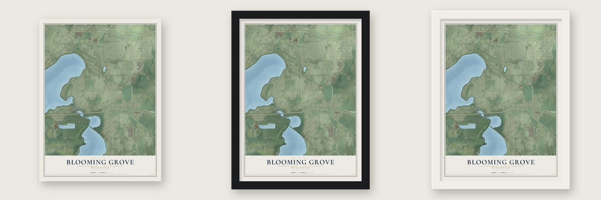 Blooming Grove, Wisconsin map unframed, in a black wood frame and in a white wood frame