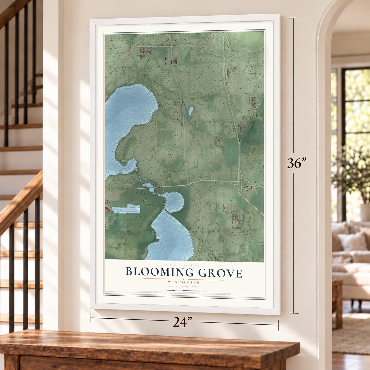 Blooming Grove, Wisconsin map, 24 x 36 inch print in a white frame by a staircase