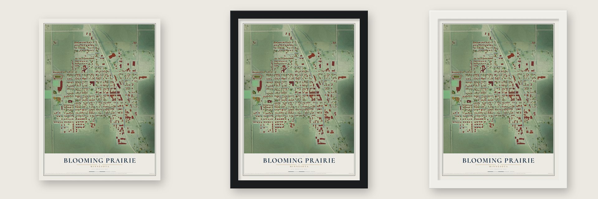 Blooming Prairie, Minnesota map unframed, in a black wood frame and in a white wood frame