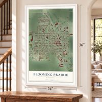 Blooming Prairie, Minnesota map, 24 x 36 inch print in a white frame by a staircase